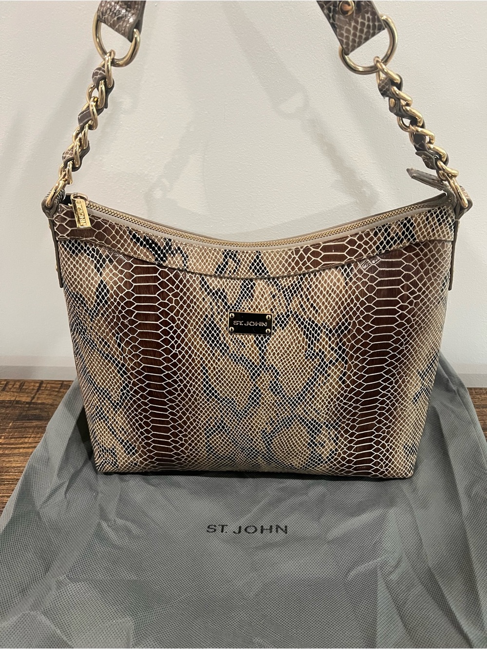 St. John Tan & Brown Snake-Print Hobo Shoulder Bag with Gold Chain